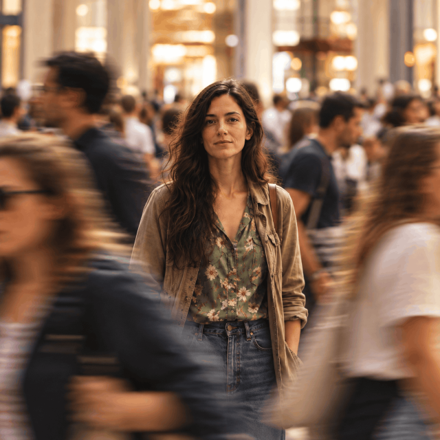 Mujer mirando a camara entre mucha gente